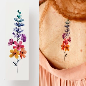 Floral branch temporary tattoo, color flash tattoo, minimalistic artistic fake tattoo, waterproof flowers