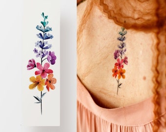 Floral branch temporary tattoo, color flash tattoo, minimalistic artistic fake tattoo, waterproof flowers