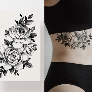 Black floral temporary tattoo, pionies flash tattoo, minimalistic artistic fake tattoo, waterproof flower