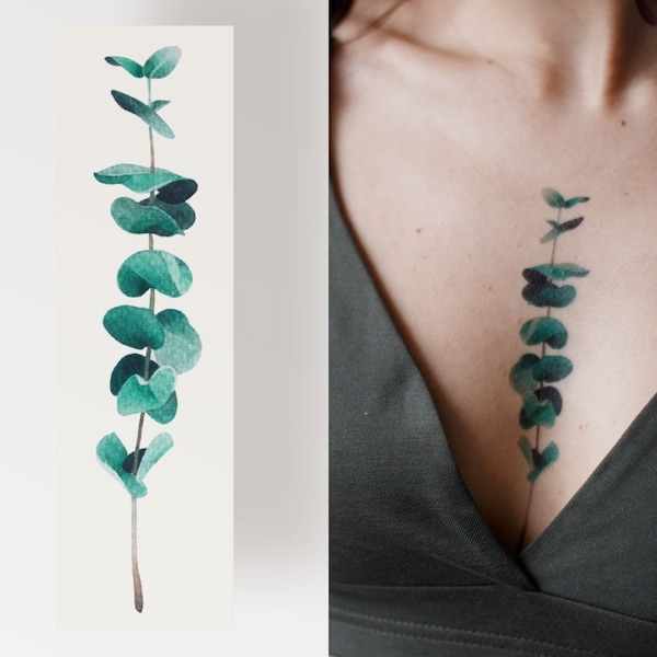 Floral green temporary tattoos, eucalyptus leaf flash tattoo, minimalistic artistic fake tattoo, waterproof flowers