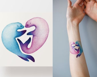 Tatuaje temporal de pareja, Conjunto de 2 tatuajes flash de leones marinos, tatuaje falso artístico minimalista, colorido e impermeable
