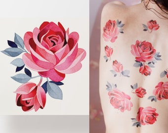 Tatuaje temporal de rosas rosadas, tatuaje floral, tatuaje falso artístico minimalista, flores a prueba de agua
