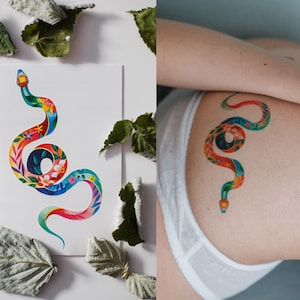 Rainbow Snake temporary tattoo, floral flash tattoo, minimalistic artistic fake tattoo colorful and waterproof