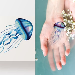 Jellyfish temporary tattoo, cute blue flash tattoo, minimalistic artistic fake tattoo, colorful and waterproof