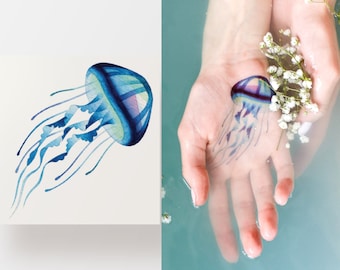 Tatuaje temporal de medusas, lindo tatuaje de flash azul, tatuaje falso artístico minimalista, colorido e impermeable