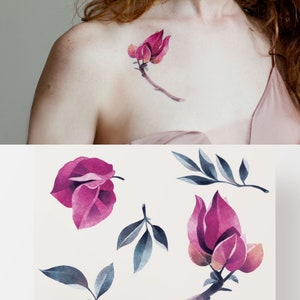 Floral temporary tattoo Bougainvillea , set of 5 flash tattoo, color minimalistic artistic fake tattoo waterproof flowers