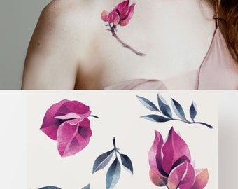 Floral temporary tattoo Bougainvillea , set of 5 flash tattoo, color minimalistic artistic fake tattoo waterproof flowers