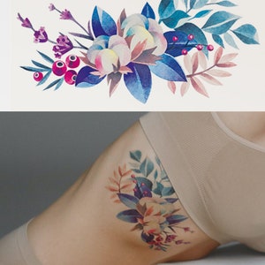 Floral temporary tattoo, blue cotton flower flash tattoo, minimalistic artistic fake tattoo, colorful and waterproof