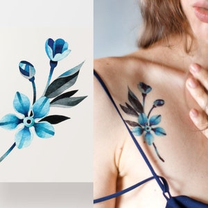 Kleine tijdelijke tattoo met bloemen, Blue Blossom-flitstattoo, minimalistische artistieke neptattoo, waterdichte bloemen