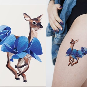 Floral temporary tattoo, cute deer flash tattoo, minimalistic artistic fake tattoo, colorful and waterproof