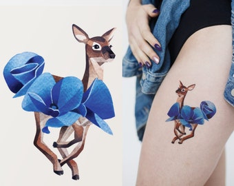 Tatuaje floral temporal, lindo tatuaje flash de ciervo, tatuaje falso artístico minimalista, colorido e impermeable