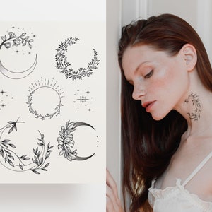 Black floral moons temporary tattoo, set of 5 mini flash tattoo, minimalistic artistic fake tattoo, waterproof flowers