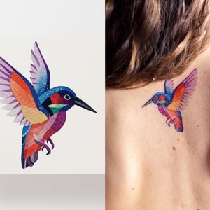 Rainbow temporary tattoo, Kingfisher Bird colorful and waterproof flash tattoo, minimalistic artistic fake tattoo