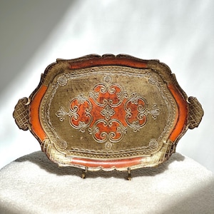 Vintage Florentine Tray | Gold and Orange 14 inch Vanity Dish | Italian Gilded Serving Tray