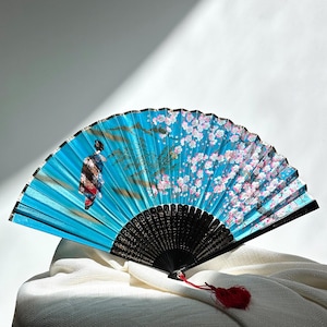 Vintage Japanese Folding Fan | Hand Painted Cherry Blossom | Blue and Black Hand Embroidered Floral | Gold Detail | Altar Accessory