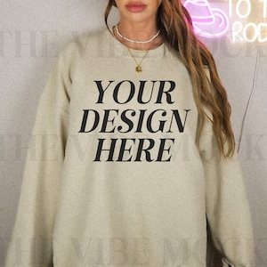 Gildan 18000 Sand Sweatshirt Mockup Oversized Gildan Sand Crewneck Mockup Model Mockup Trendy Mock Lifestyle Aesthetic Mockup Oversized