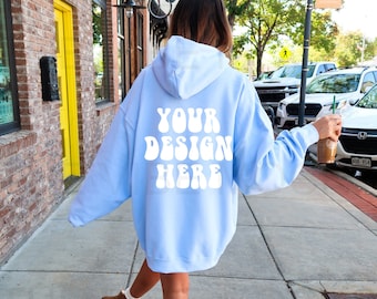 Gildan 18500 Maquette de sweat à capuche bleu clair Surdimensionné Sweat-shirt bleu clair Maquette Modèle Maquette Back Moockup Trendy Aesthetic Mockup Blue Hoodie