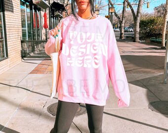 Gildan 18000 Light Pink Back Mockup Oversized Light Pink Hoodie Mockup Gildan Pink Crewneck Trendy Mock Outdoors Aesthetic Words on Back