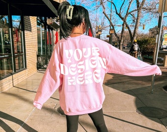 Gildan 18000 Light Pink Back Mockup Oversized Light Pink Hoodie Mockup Gildan Pink Crewneck Trendy Mock Outdoors Aesthetic Words on Back