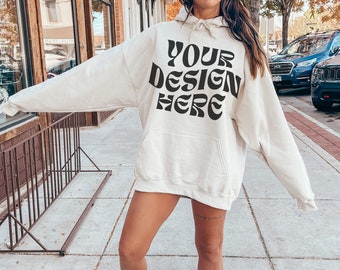 Gildan 18500 Sand Hoodie Mockup Oversized Sand Sweatshirt Mockup Model Mockup Trendy Mock Beach Mockup Aesthetic Mockup Outdoor Mockup