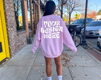Gildan 18000 Light Pink Back Mockup Oversized Light Pink Hoodie Mockup Gildan Pink Crewneck Trendy Mock Outdoors Aesthetic Words on Back