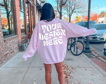 Gildan 18000 Light Pink Back Mockup Oversized Light Pink Hoodie Mockup Gildan Pink Crewneck Trendy Mock Outdoors Aesthetic Words on Back