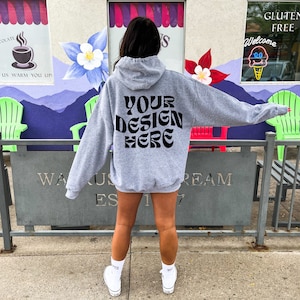 Gildan 18500 Sport Grey Back Mockup Oversized Grey Hoodie Mockup Model Mockup Trendy Mock Beach Mockup Aesthetic Mockup Words on Back