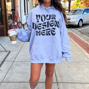 Gildan 18500 Sport Grey Hoodie Mockup Oversized Grey Hoodie Mockup Model Mockup Trendy Mock Beach Mockup Aesthetic Mockup Words on Back