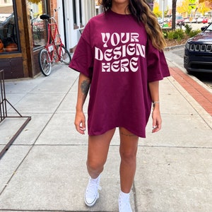 Gildan 5000 Maroon Tshirt Mockup Oversized Maroon Tshirt Mockup Model Mockup Trendy Mock Aesthetic Mockup Maroon Tee Mockup Lifestyle