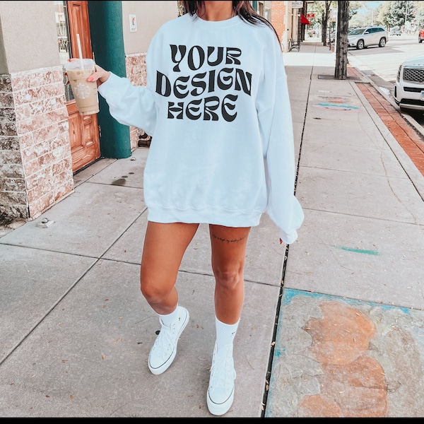 Gildan 18000 White Crewneck Sweatshirt Mockup Oversized White Hoodie Mockup Trendy Mock Model Mockup Aesthetic Mockup Outdoor Mock