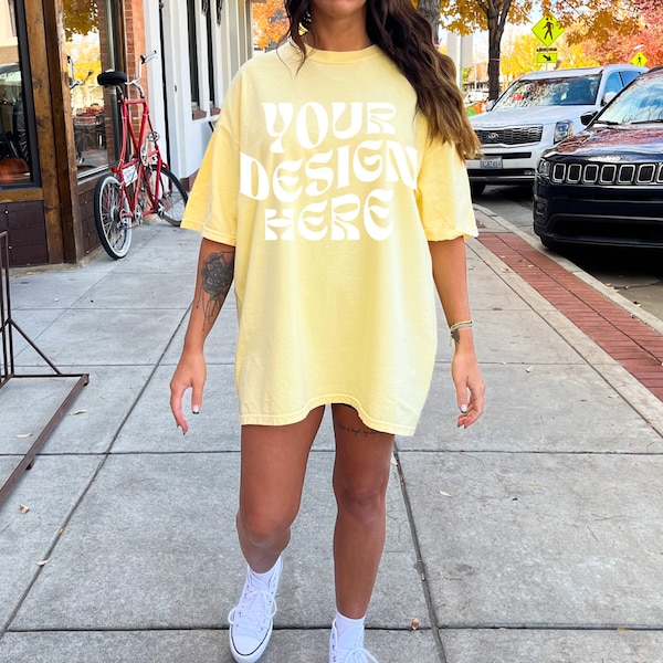 Comfort Colors C1717 Butter Mockup Oversized Butter Tshirt Outdoors Mockup Model Mockup Trendy Mock Yellow Colored Shirt Aesthetic Mockup