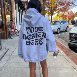 Gildan 18500 Sport Grey Back Hoodie Mockup Oversized Grey Hoodie Mockup Model Mockup Trendy Mock Beach Mockup Aesthetic Mockup Words on Back