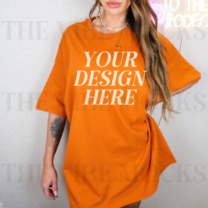 Gildan 5000 Texas Orange Shirt Mockup Oversized Gildan Texas Orange Tshirt Mockup Model Mock Trendy Orange Tshirt Mock Aesthetic Mock