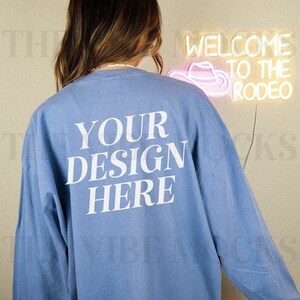 Comfort Colors C6014 Blue Jean Back Mockup Oversized Long Sleeve Blue Jean Tshirt Mockup Trendy Comfort Colors Long Sleeve Mock Blue Shirt