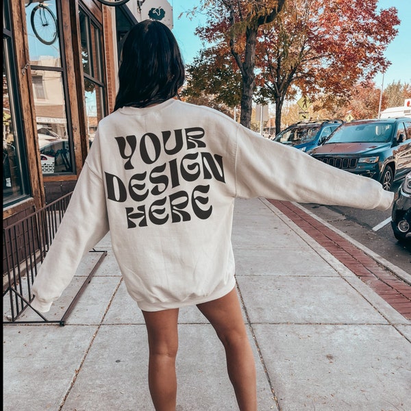 Gildan 18000 Sand Back Mockup Oversized Sand Hoodie Mockup Model Mockup Trendy Mock Outdoors Aesthetic Mockup Words on Back