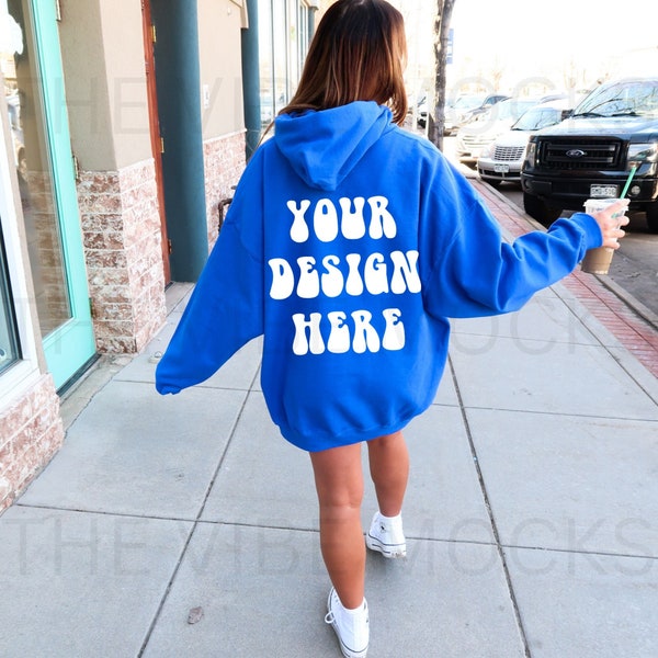 Gildan 18500 Royal Blue Back Mockup Oversized Royal Blue Hoodie Mockup Model Mockup Trendy Aesthetic Words on Back Blue sweatshirt