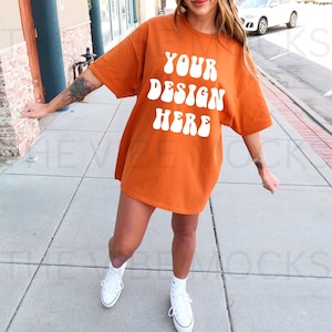 Gildan 5000 Texas Orange Shirt Mockup Oversized Texas Orange Tshirt Mockup Model Mock Trendy Orange Mock Aesthetic Mockup Outdoors