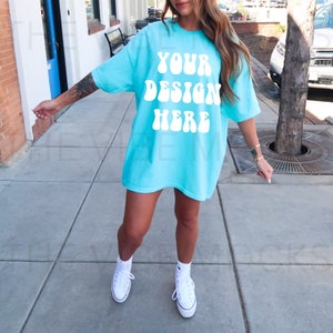 Comfort Colors C1717 Blue Lagoon Shirt Mockup Oversized Blue Lagoon Tshirt Mockup Model Mock Trendy Mock Aesthetic Blue Tee Mockup Lifestyle