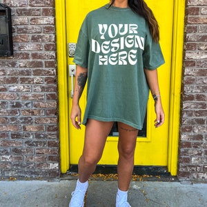 Comfort Colors C1717 Moss Mockup Oversized Moss Back of Shirt Mockup Model Mockup Trendy Mock Green Colored Shirt Aesthetic Mockup