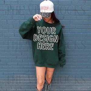 Gildan 18000 Forest Green Sweatshirt Mockup Oversized Forest Green Crewneck Mockup Gildan Green Sweatshirt Mock Trendy Model Mockup