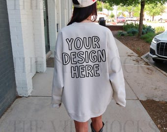 Gildan 18000 Sand Sweatshirt Mockup Oversized Sand Back Crewneck Mockup Gildan Sand Sweatshirt Mock Trendy Model Mockup Western Cowgirl