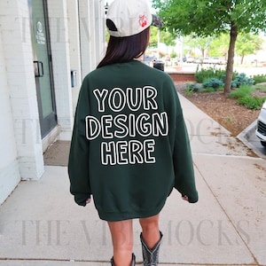 Gildan 18000 Forest Green Sweatshirt Mockup Oversized Forest Green Back Crewneck Mockup Gildan Green Sweatshirt Mock Trendy Model Mockup