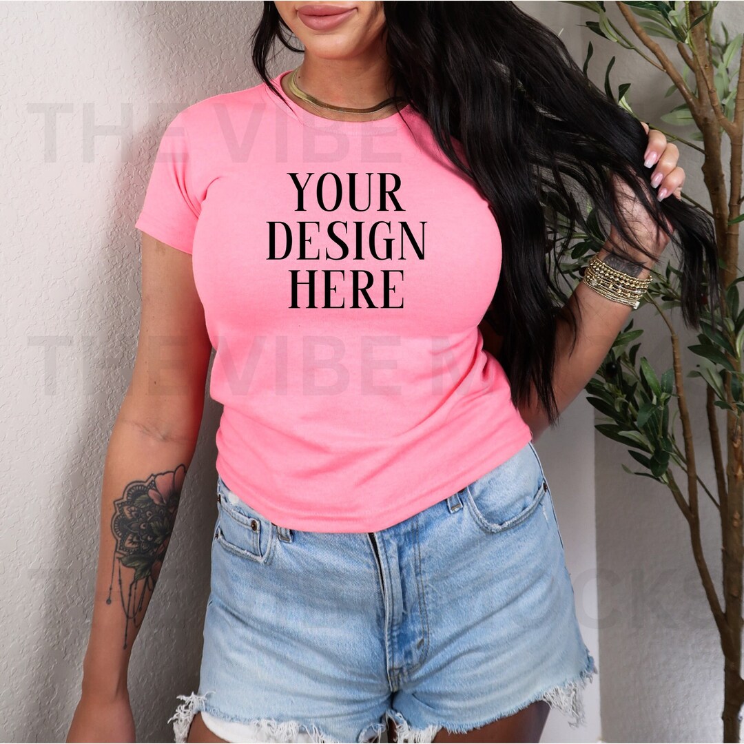 Gildan 5000B Safety Pink Shirt Mockup Cropped Safety Pink Tshirt Mockup ...