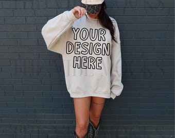 Gildan 18000 Sand Sweatshirt Mockup Oversized Sand Crewneck Mockup Gildan Sand Sweatshirt Mock Trendy Model Mockup Western Cowgirl