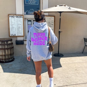 Gildan 18500 Sport Grey Back Mockup Oversized Grey Hoodie Mockup Model Mockup Trendy Mock Beach Mockup Aesthetic Mockup Words on Back