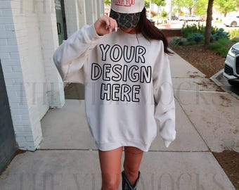 Gildan 18000 Sand Sweatshirt Mockup Oversized Sand Crewneck Mockup Gildan Sand Sweatshirt Mock Trendy Model Mockup Western Cowgirl