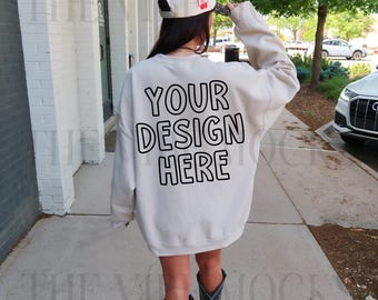 Gildan 18000 Sand Sweatshirt Mockup Oversized Sand Back Crewneck Mockup Gildan Sand Sweatshirt Mock Trendy Model Mockup Western Cowgirl