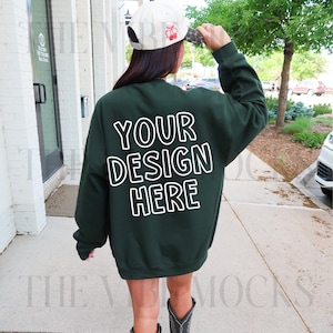 Gildan 18000 Forest Green Sweatshirt Mockup Oversized Forest Green Back Crewneck Mockup Gildan Green Sweatshirt Mock Trendy Model Mockup