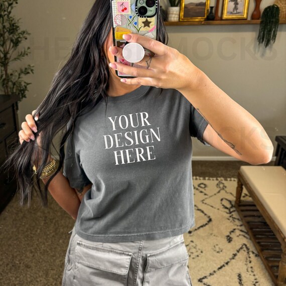 Comfort Colors 9018 Youth Pepper Mockup Cropped Pepper Tshirt Mockup Model Mockup Baby Tee Trendy Mock Pepper Colored Shirt Cropped Top Grey