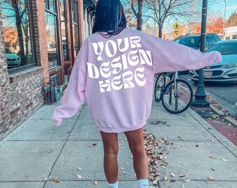 Gildan 18000 Light Pink Back Mockup Oversized Light Pink Hoodie Mockup Gildan Pink Crewneck Trendy Mock Outdoors Aesthetic Words on Back